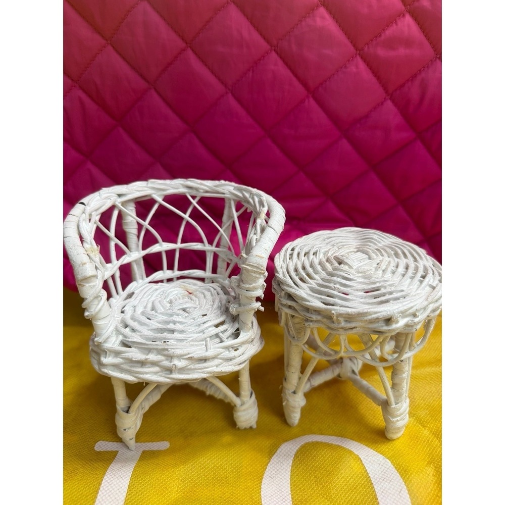 Vintage Barbie Doll Furniture Wicker Rattan Patio Set Sofa Chair Table Lot of 2